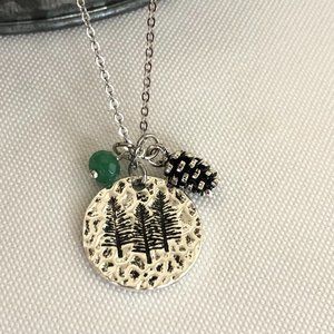 Silver Triple Pine Tree Necklace Pine Cone Charm Cable Chain Women's Jewelry